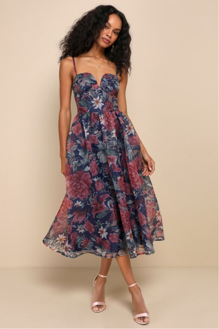 Image of Cherished Aura Navy Blue Floral Organza Bustier Midi Dress | Lulus