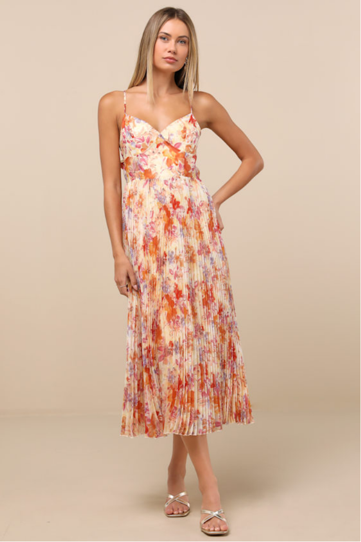 Image of Alondra Light Yellow Multi Floral Pleated Midi Dress | Lulus