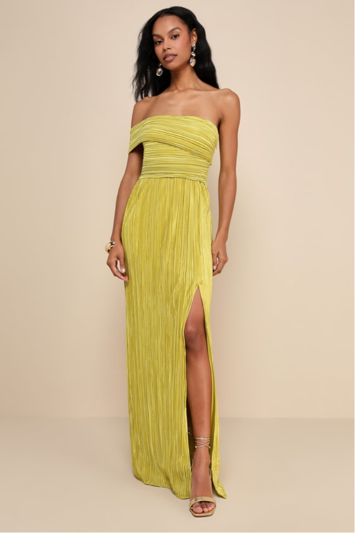 Image of Poised Performance Chartreuse Plisse One-Shoulder Maxi Dress | Lulus