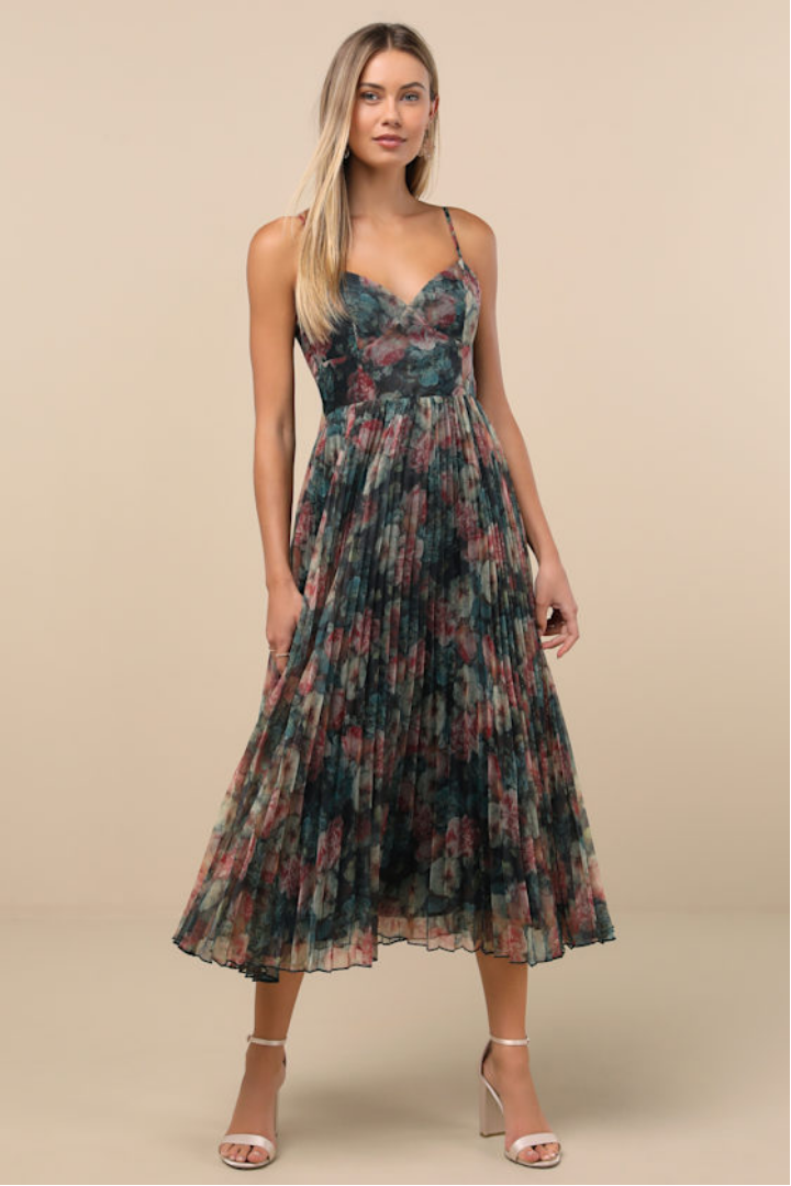 Image of Alondra Dark Green Multi Floral Pleated Midi Dress | Lulus