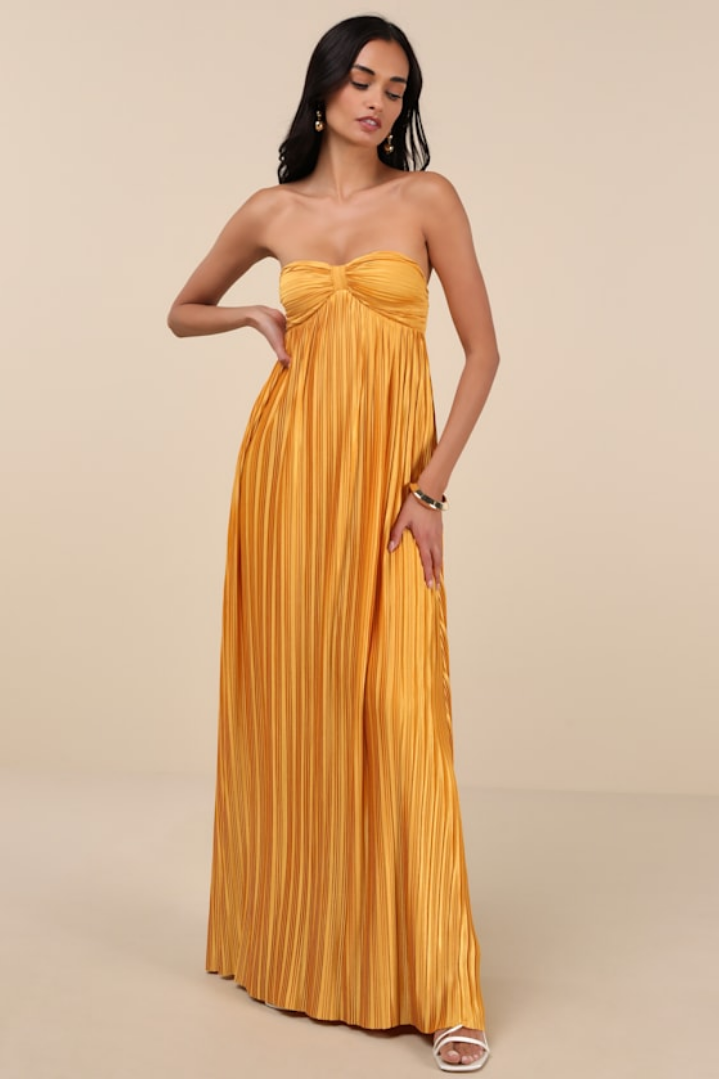 Image of Whimsical Beauty Golden Yellow Satin Plisse Strapless Maxi Dress | Lulus