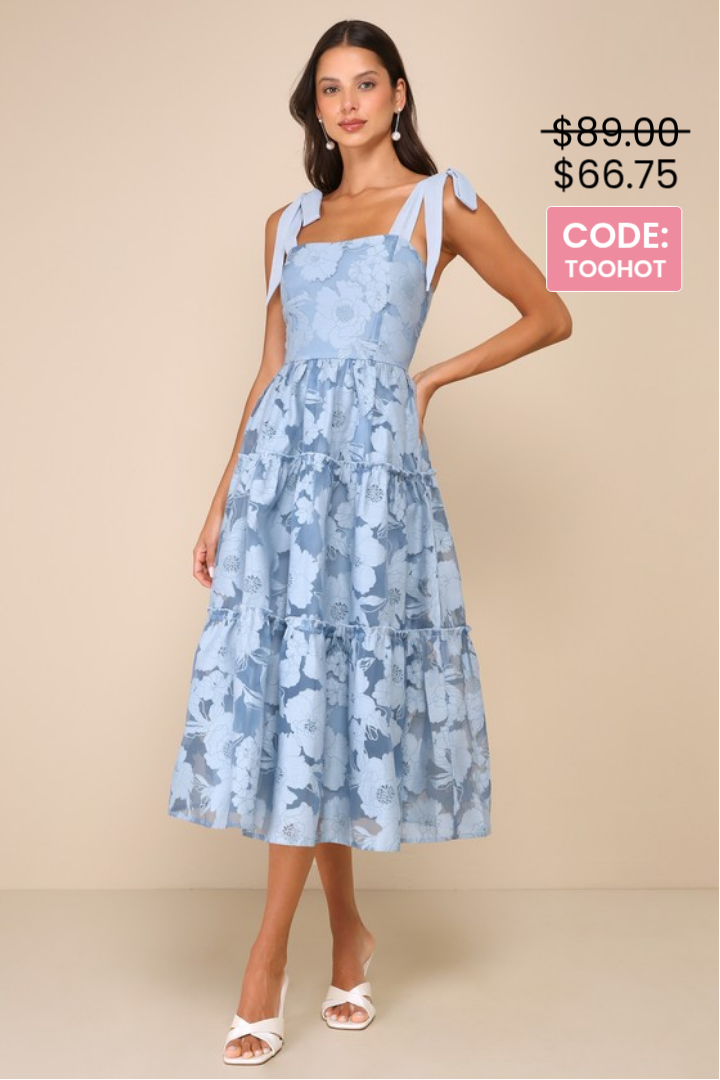 Image of Proof of Perfection Blue Floral Tiered Tie-Strap Midi Dress | Lulus