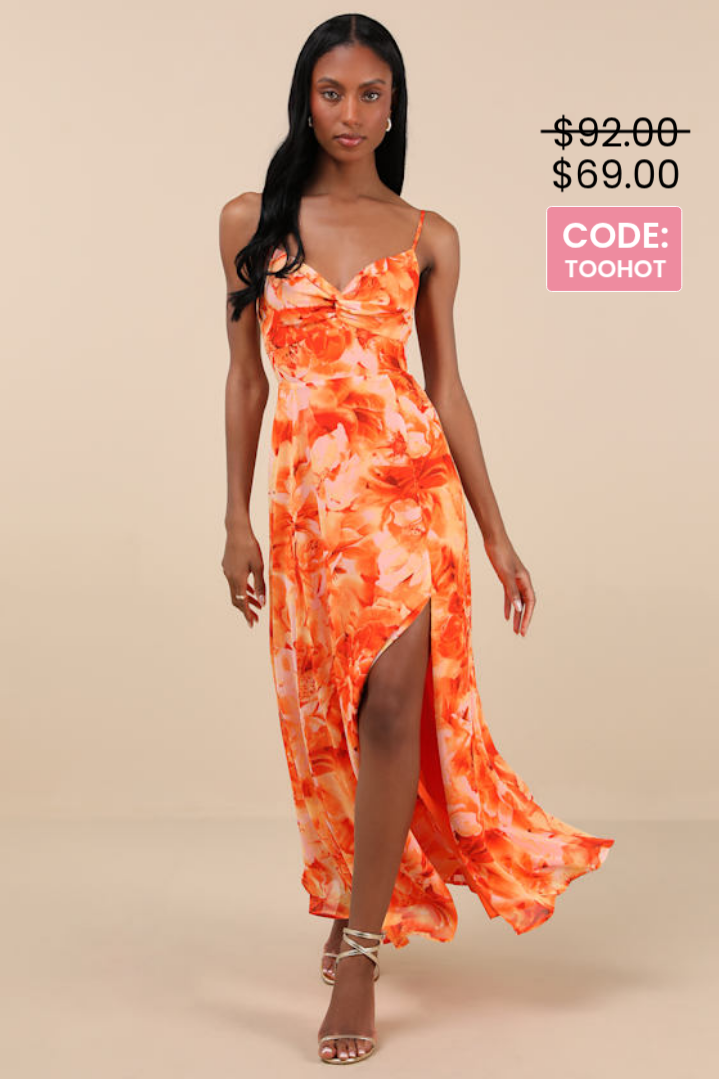 Image of Beautiful Soul Orange Floral Print Twist-Front Maxi Dress | Lulus