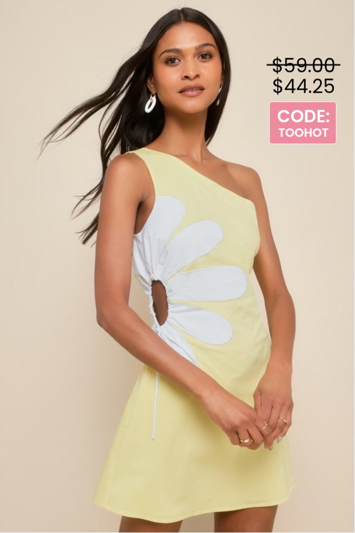 Image of Sunny Design Yellow Cutout Flower One-Shoulder Mini Dress | Lulus
