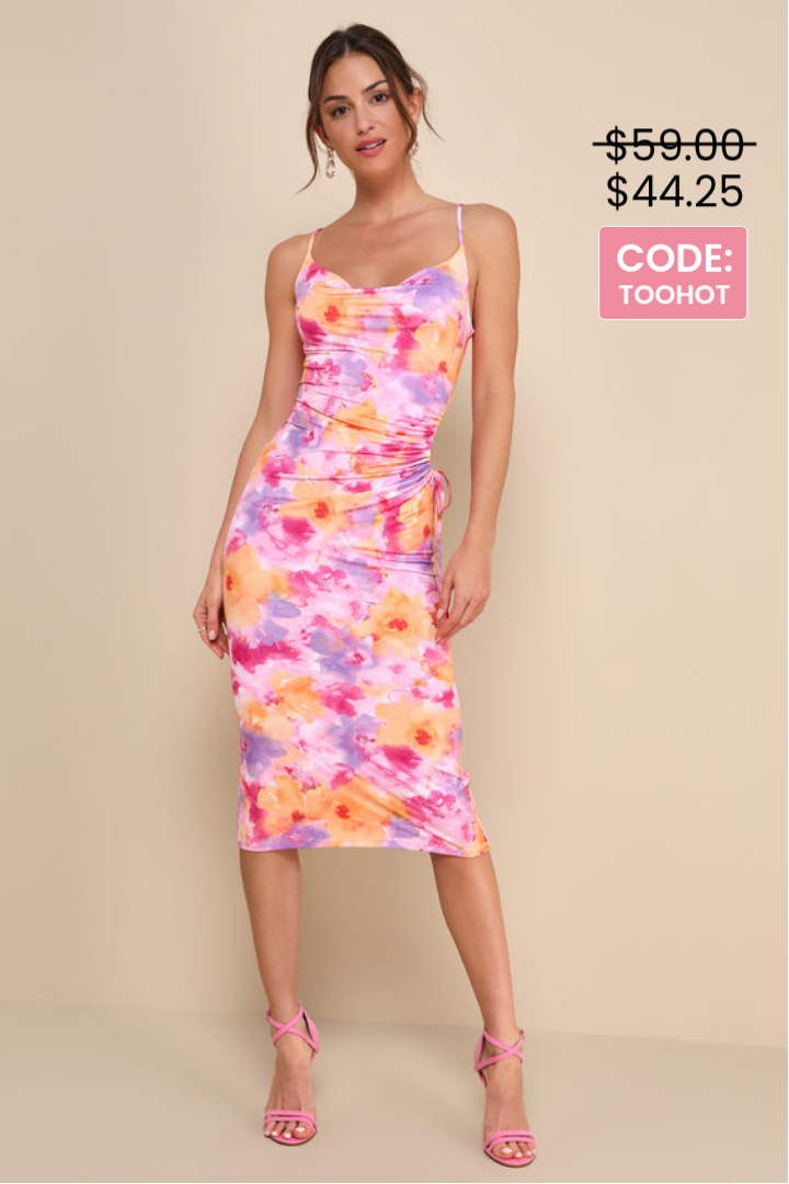Image of Vibrant Babe Pink Multi Floral Cutout Drawstring Midi Dress | Lulus