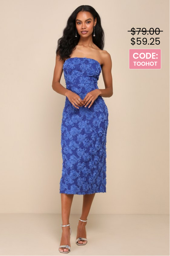 Image of Flawless Perfection Blue Floral Applique Strapless Midi Dress | Lulus