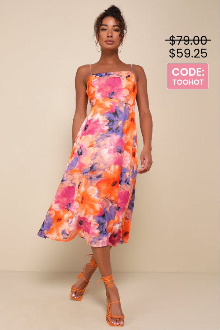 Image of Radiant Feelings Orange and Purple Floral Chiffon Midi Dress | Lulus