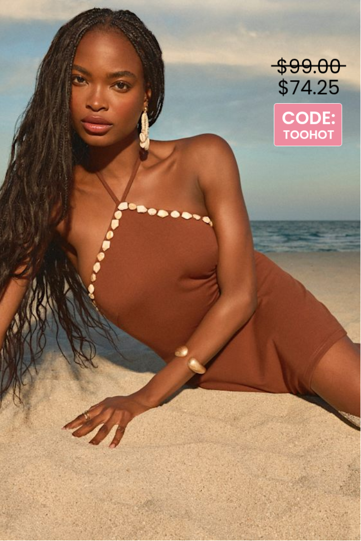 Image of Azeneth Brown Shell Bodycon Halter Mini Dress | Lulus