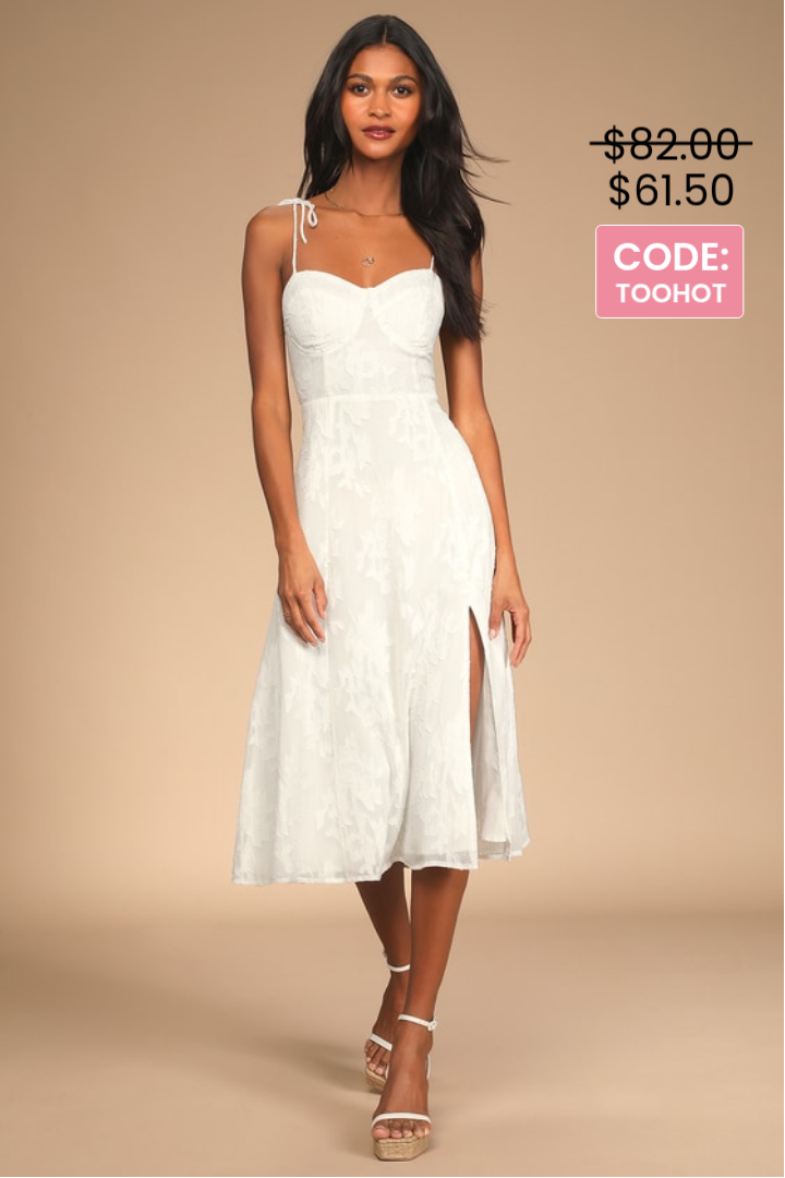 Image of Loveliest Looks White Floral Jacquard Tie-Strap Midi Dress | Lulus