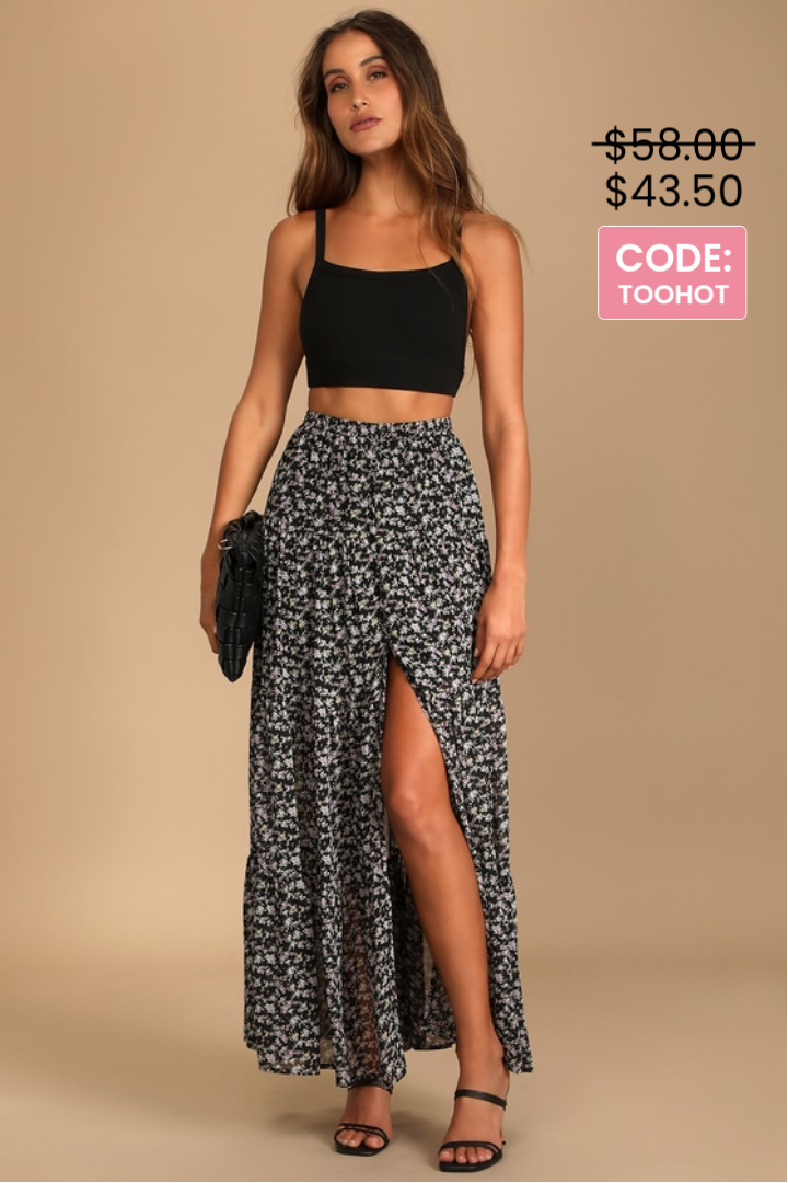 Image of Subtle Sweetness Black Floral Print Tiered Maxi Skirt | Lulus