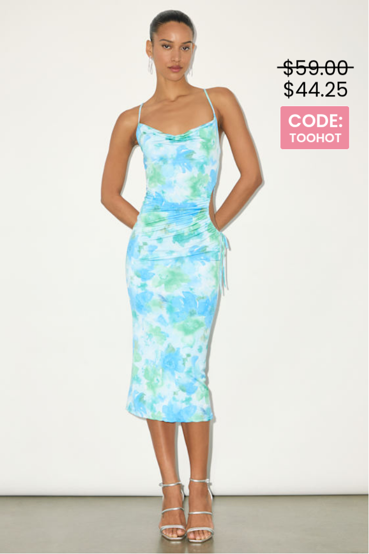 Image of Vibrant Babe Blue Multi Floral Cutout Drawstring Midi Dress | Lulus