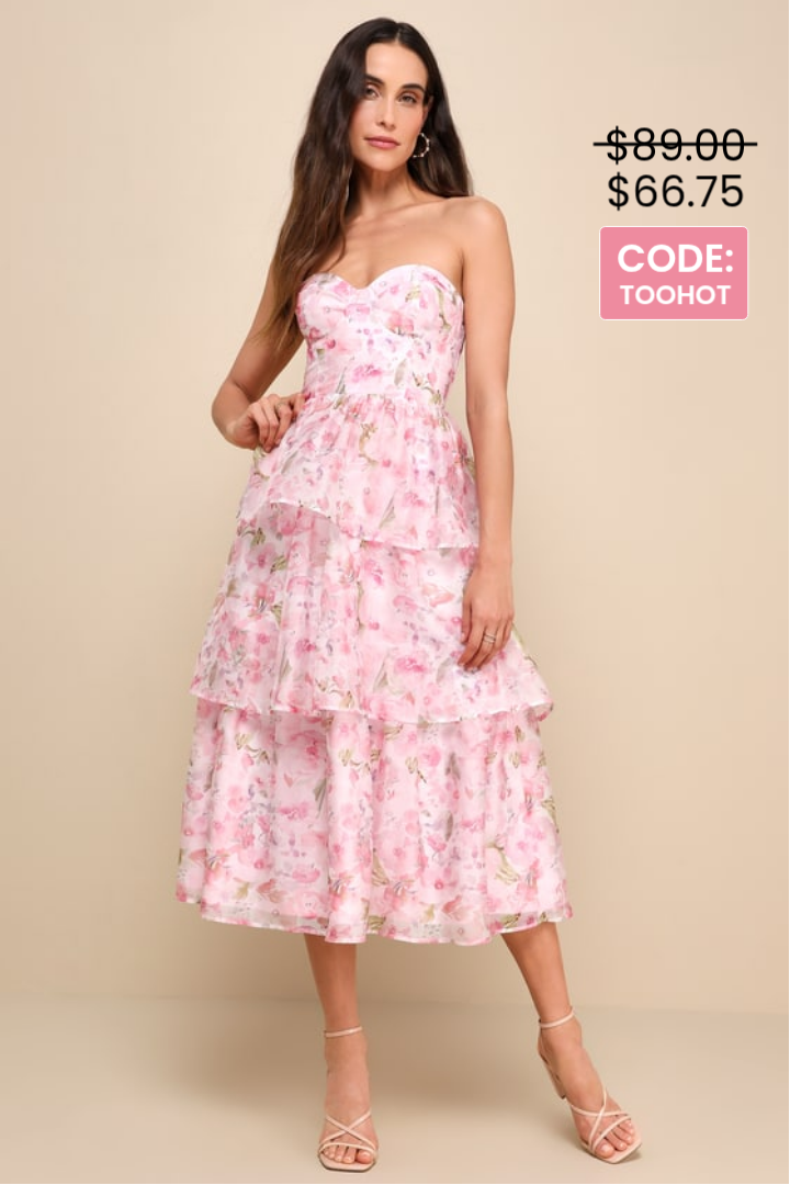 Image of Pristine Cutie Light Pink Floral Organza Bustier Midi Dress | Lulus