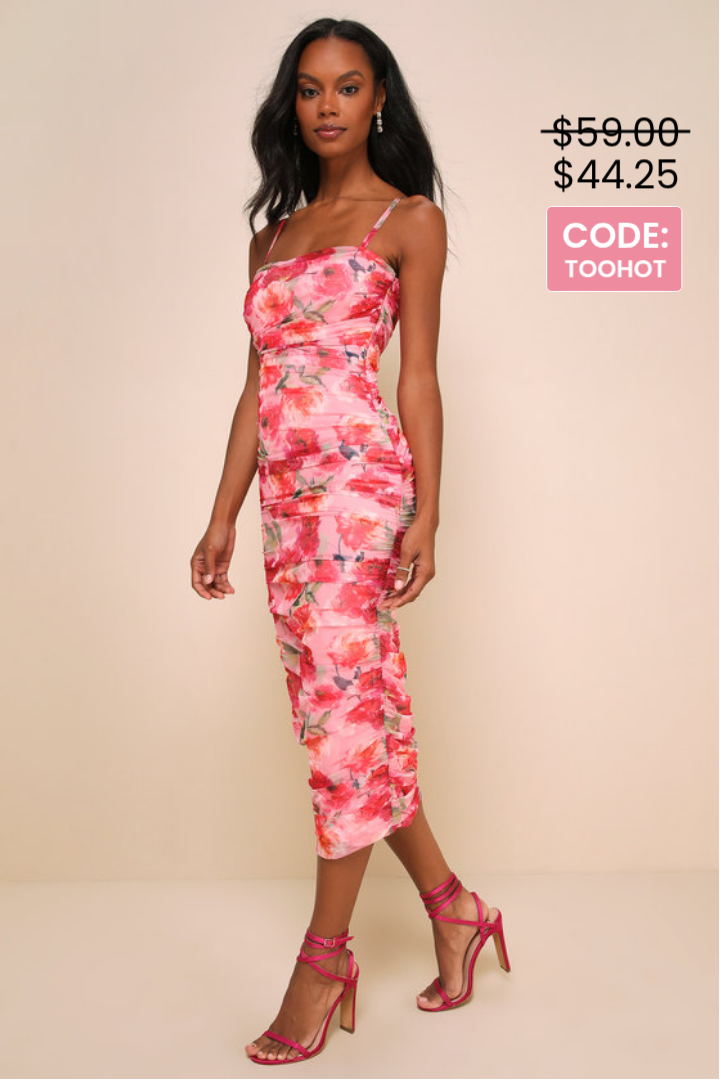 Image of Blossoming Excellence Pink Floral Mesh Ruched Midi Dress | Lulus