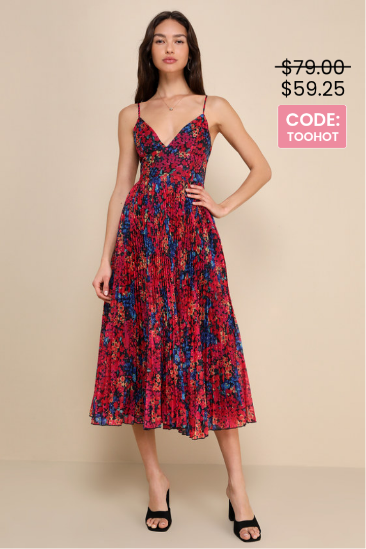 Image of Sincerely Gorgeous Black Multi Floral Pleated Midi Dress | Lulus
