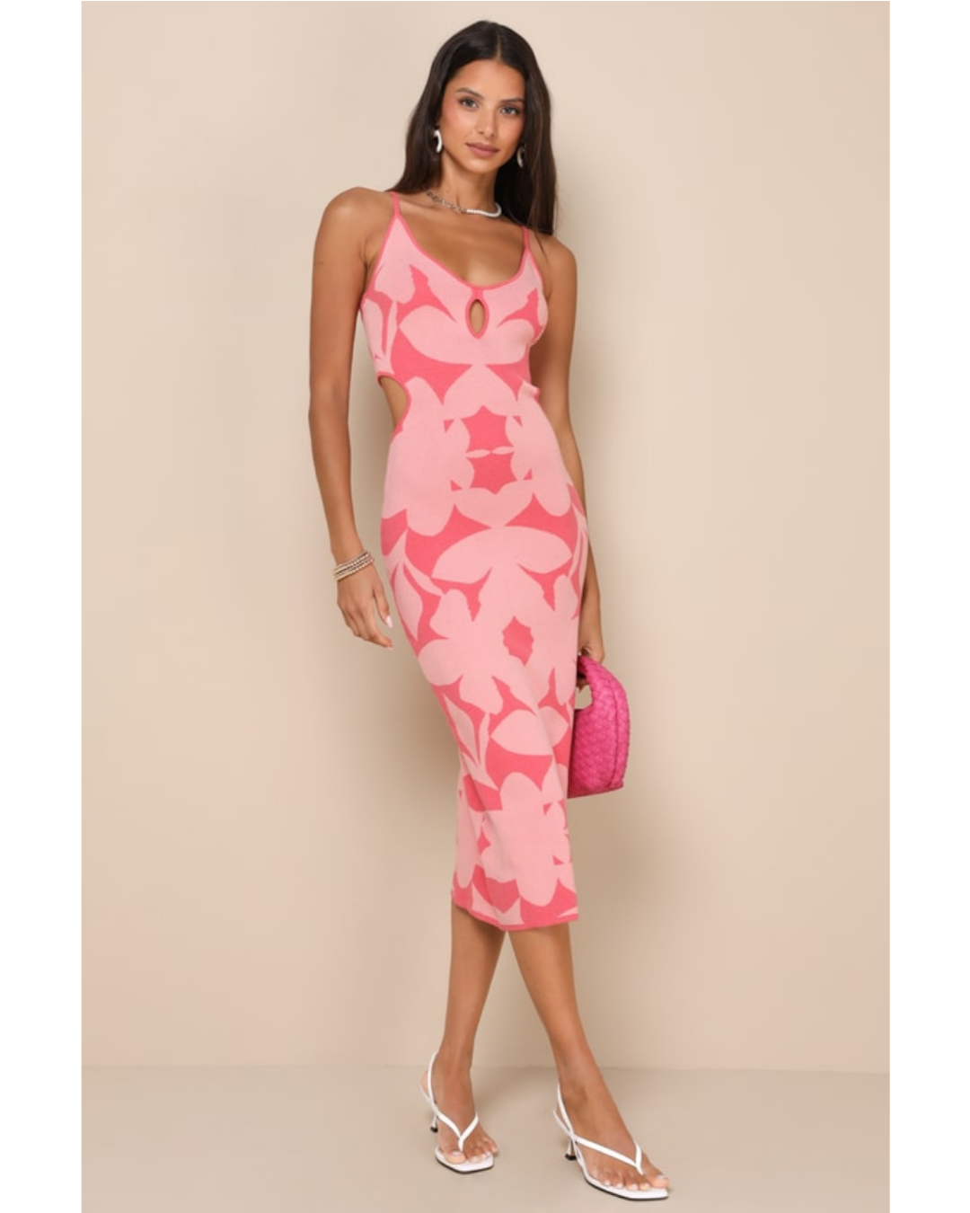 Image of Perfectly Charming Pink Abstract Cutout Midi Sweater Dress | Lulus